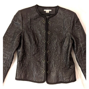 Peter Nygard Black Embroidered Leather Jacket Womens 14 Boho Western Hook Eye